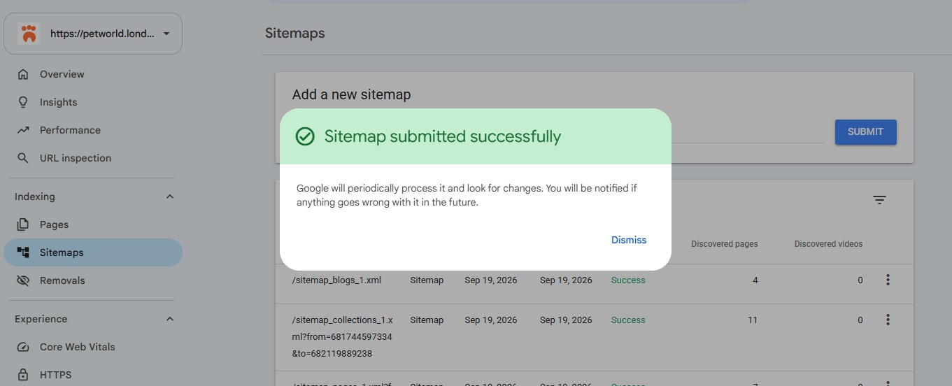 Sitemap submitted successfully